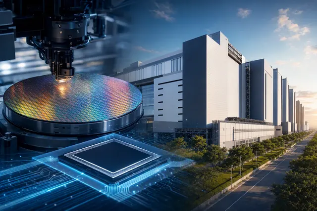 Editorial illustration of an advanced semiconductor fabrication facility representing TSMC’s Fab 25 1.4nm expansion in Taichung