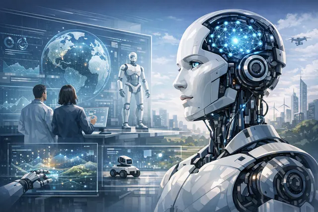 Humanoid robot visualizing an AI model for understanding and acting in the physical world