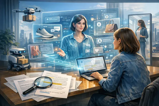 Abstract digital illustration of AI-powered shopping assistants and agentic commerce infrastructure connecting consumers, AI agents, and retailers through a network of protocols an