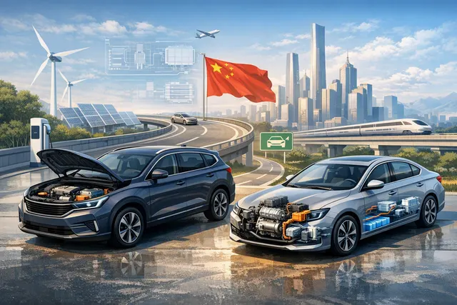 Futuristic Chinese hybrid SUV combining electric-drive technology with a gasoline engine on a global road network