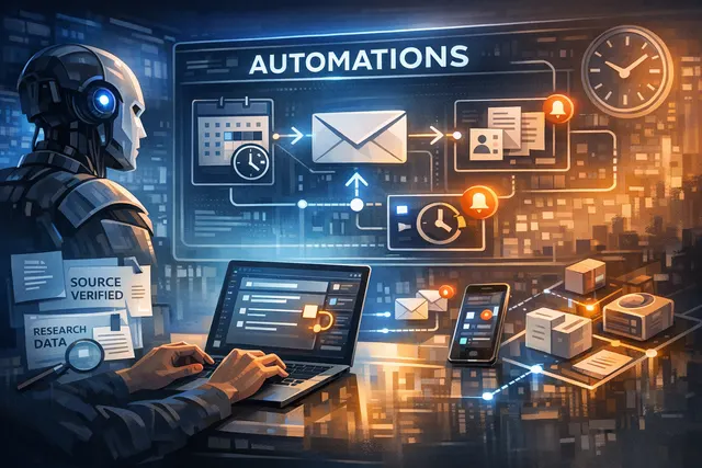 Editorial illustration of Grok Automations feature showing scheduled tasks and email triggers