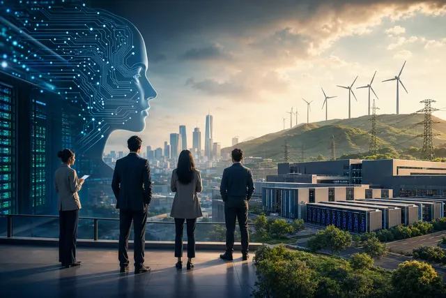 Editorial illustration of AI, data-centre investment and the changing workforce