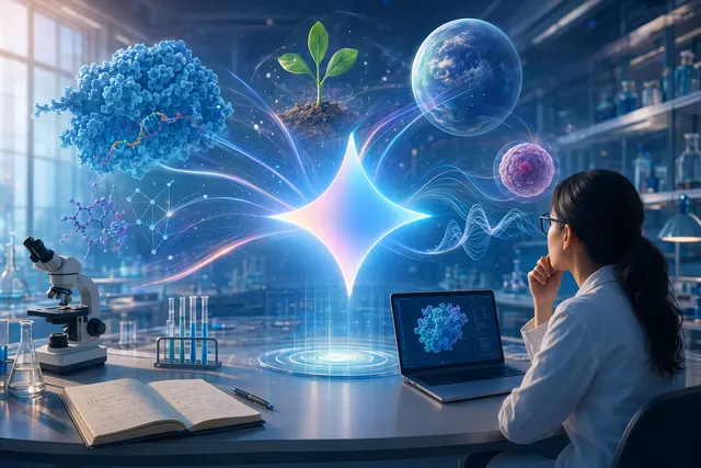 Conceptual illustration of AI agents assisting scientists with research, representing Google's Gemini for Science platform