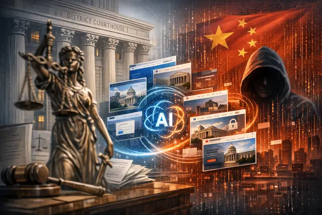 Digital illustration representing an AI-powered cybercrime ring targeting smartphone users, with scam texts and fake website icons radiating from a phone screen.