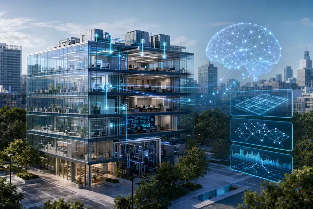 Concept illustration of AI-driven autonomous building operations analyzing facility systems