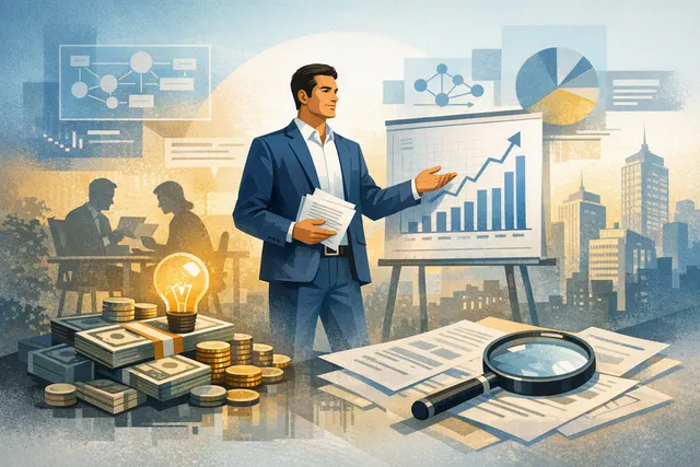 Editorial illustration of startup fundraising, financial metrics, and investor diligence