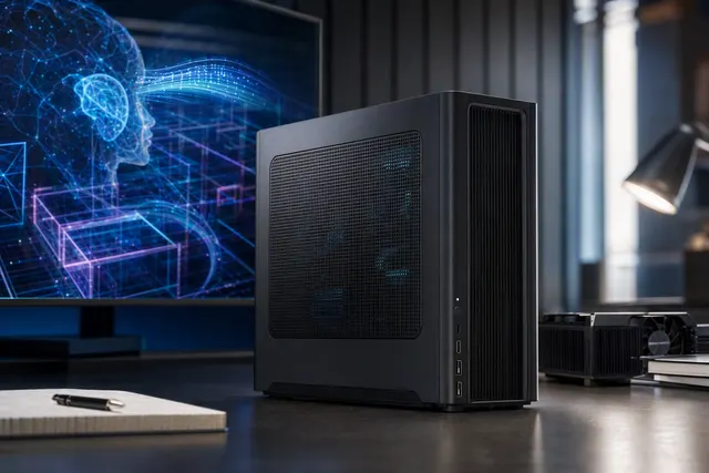 Editorial illustration of GMKtec EVO-X5 Pro compact desktop for local AI workloads