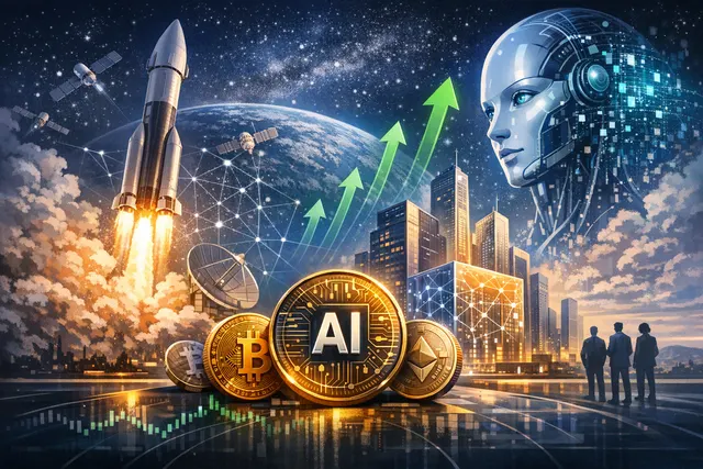 Abstract visualization of AI-linked crypto tokens surging upward while Bitcoin and Ethereum ETFs face outflows, with IPO symbols for SpaceX, OpenAI, and Anthropic integrated into t