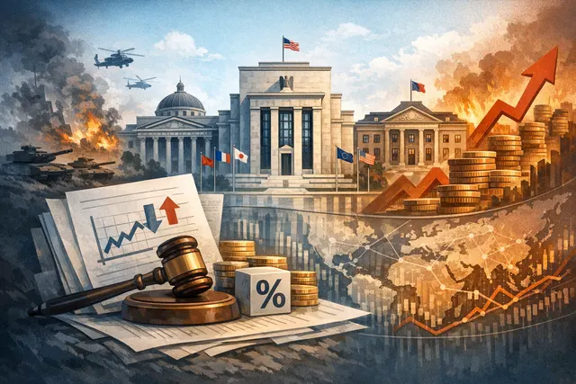 A conceptual image of a world map with rising energy price arrows and central bank symbols representing monetary policy responses to war-driven inflation in 2026.