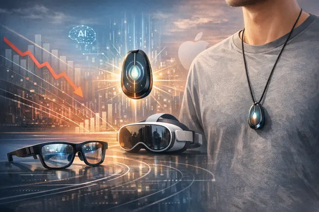 Conceptual illustration of Meta's AI wearable device strategy featuring smart glasses, an AI pendant, and enterprise wearables