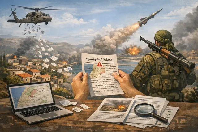 An illustration representing the strained Israel-Hezbollah ceasefire, with a map of southern Lebanon and evacuation leaflets, symbolizing the humanitarian crisis and military escal