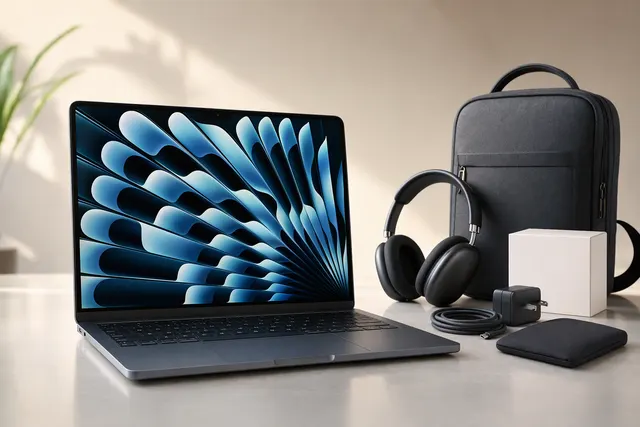 Editorial illustration of a MacBook Air representing Croma’s M5 laptop deal