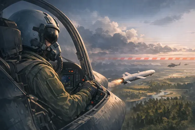 A Ukrainian fighter jet pursuing a Russian cruise missile near the Polish border at night, with NATO airspace markers visible — a dramatic scene from the July 30, 2026 incident