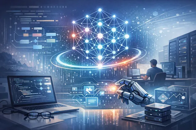 Abstract editorial illustration representing Gemini 3.7 Flash, AI coding agents, fast inference, and model benchmarking