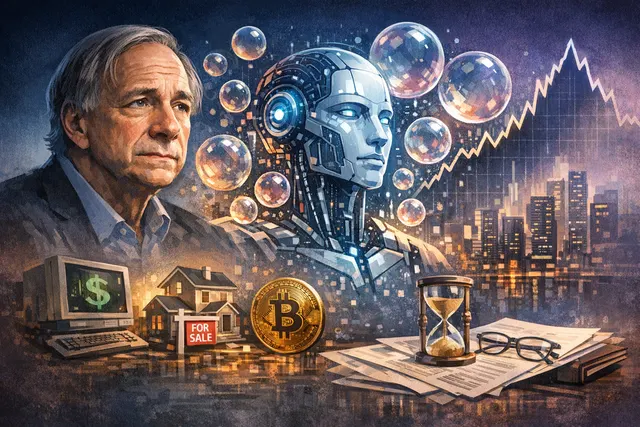 A conceptual split image showing a bull market on one side and a popping bubble on the other, representing Ray Dalio's AI market bubble warning.