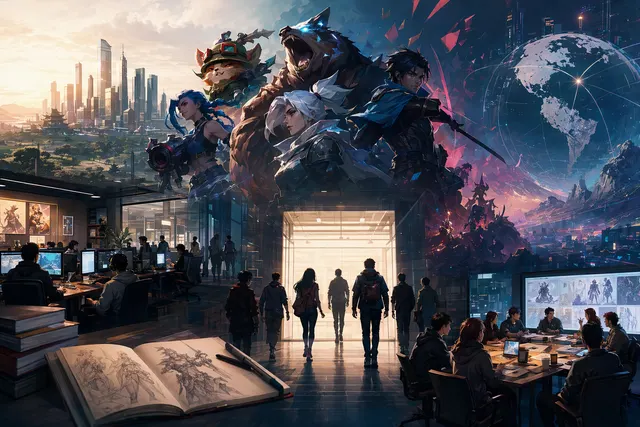 Editorial illustration representing Riot Games business ecosystem including esports, gaming, and global operations