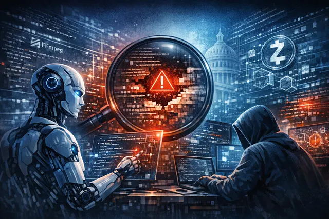 Futuristic AI security agent analyzing code in a dark digital environment, with glowing red vulnerabilities highlighted over a circuit board backdrop.