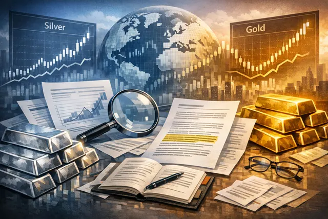 Gold bars and silver coins stacked beside a computer screen showing financial charts and a US jobs report headline, illustrating the July 2 precious metals rally driven by weak pay