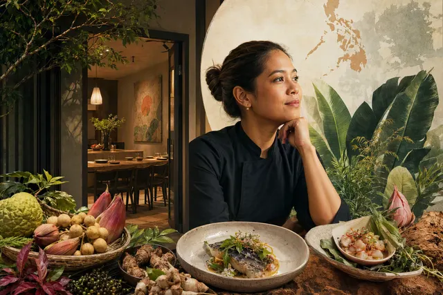 AI-generated editorial illustration accompanying an article about Johanne Siy’s Aro restaurant