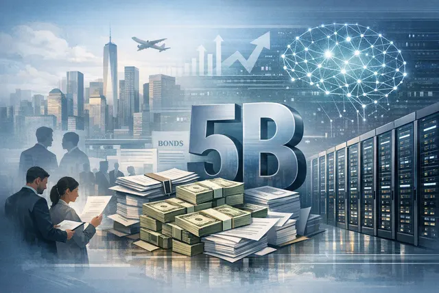 Illustration of an AI data center and financial documents representing JPMorgan’s proposed $5 billion Volta Infra debt package