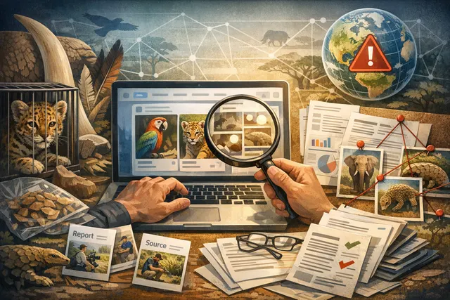 An AI-generated image symbolizing illegal wildlife trade on social media platforms, with endangered animal silhouettes overlaying a digital interface.