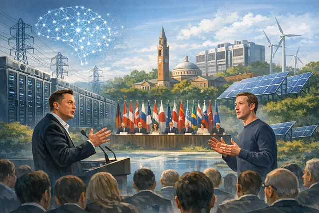 Editorial illustration of AI data centers, power infrastructure and global policy discussions associated with the G20 Innovation Ministerial