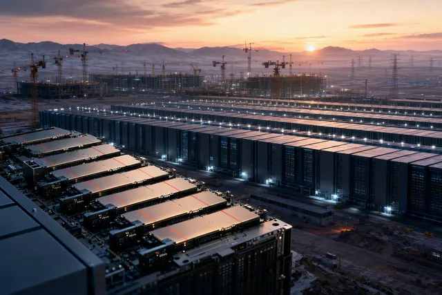 Editorial illustration of a large AI data center representing DeepSeek’s reported Huawei Ascend cluster in Inner Mongolia
