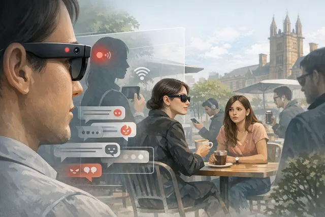 Editorial illustration of AI smart glasses and the privacy risks of discreet recording