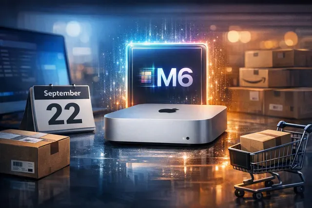 Apple M6 Mac mini beside a preorder price comparison showing Amazon discounts and its September 22 launch date