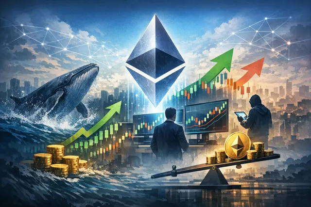 A dramatic digital artwork of a large glowing Ethereum logo submerged deep underwater, with whale silhouettes swimming around it, as if accumulating the asset against strong downwa