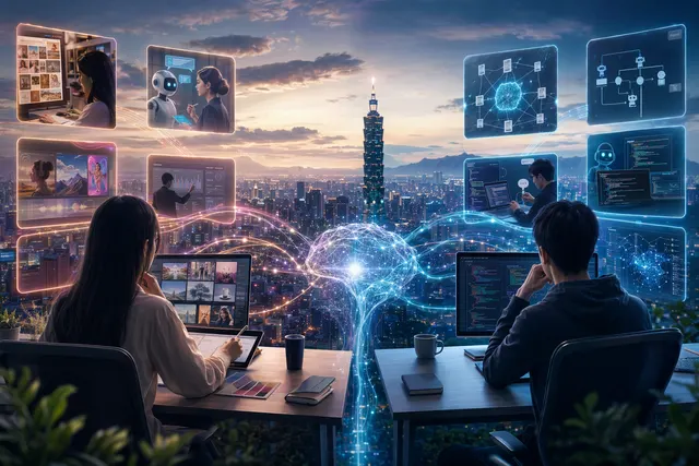抽象 AI 網路與台灣企業工作流程，呈現行銷與工程團隊追蹤 AI Agent、RAG 與多模態趨勢