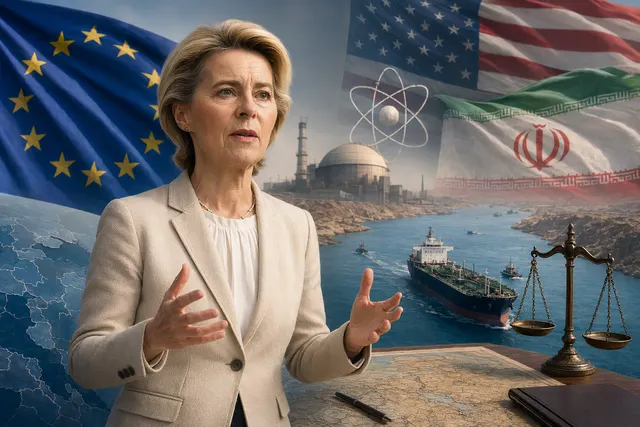 Illustration of geopolitical negotiations involving the EU, United States, and Iran with the Strait of Hormuz highlighted