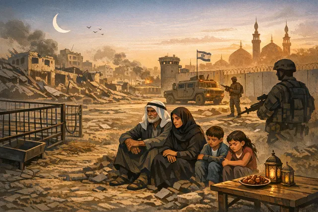 A somber scene of a displaced Palestinian family in a tent camp during Eid al-Adha, with no livestock visible, symbolizing the absence of traditional sacrifice and the humanitarian