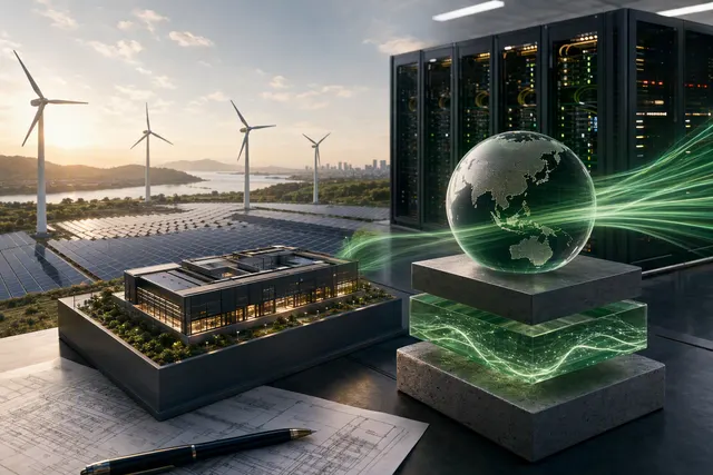 Editorial illustration of Nvidia’s investment in SB Energy and AI data-center infrastructure