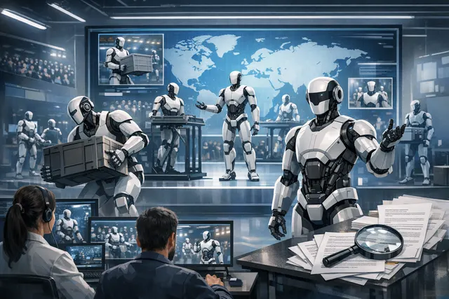 Agibot G2 wheeled humanoid robots working on a tablet assembly line at Longcheer Technology's factory in Nanchang, China, during the June 2026 global livestream.