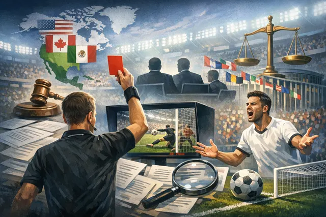 A dramatic editorial illustration of a soccer stadium with a giant VAR monitor overlay, symbolizing the 2026 FIFA World Cup officiating controversy.