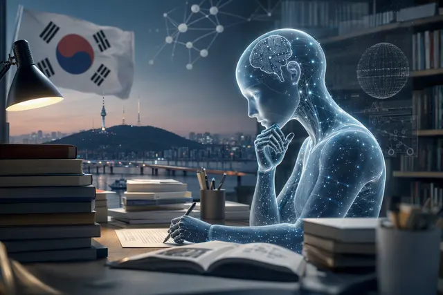 Editorial illustration representing GPT-6 Astra, AI reasoning, and South Korea’s CSAT exam