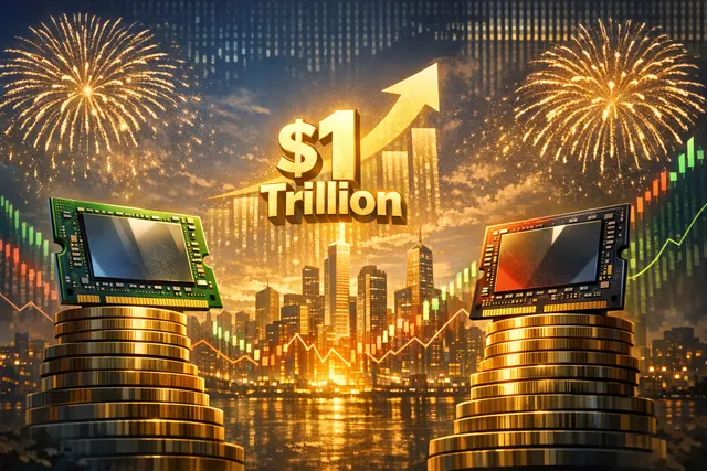 Conceptual illustration of three memory chip skyscrapers rising above a semiconductor skyline, each marked with a $1 trillion valuation, symbolizing the AI-driven revaluation of th