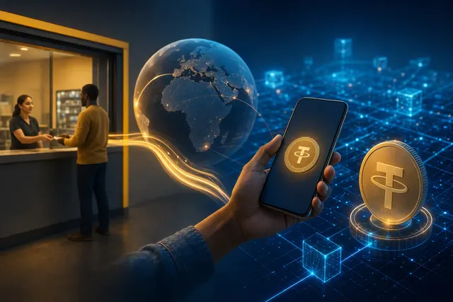 Conceptual illustration of a cross-border remittance using stablecoin infrastructure