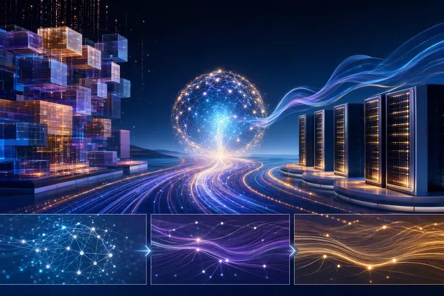 Editorial illustration representing Huawei openPangu-2.0 model training on Ascend hardware