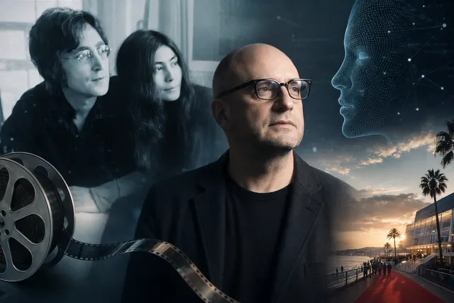 Editorial illustration representing Steven Soderbergh’s AI-assisted John Lennon documentary discussed at the Cannes Film Festival