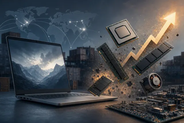 Editorial illustration of PC components including memory and storage chips