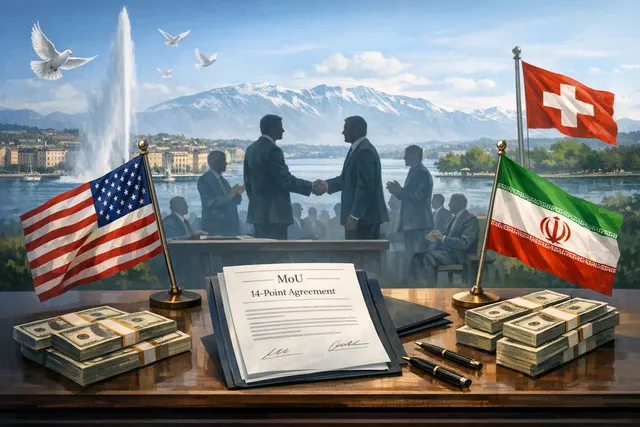 Diplomatic documents and maps representing the U.S.-Iran framework agreement, ceasefire, Strait of Hormuz, and nuclear negotiations.