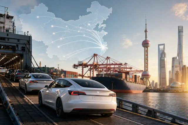 Illustration of Tesla vehicles leaving a Shanghai factory alongside export containers, representing China-made sales and overseas shipments.