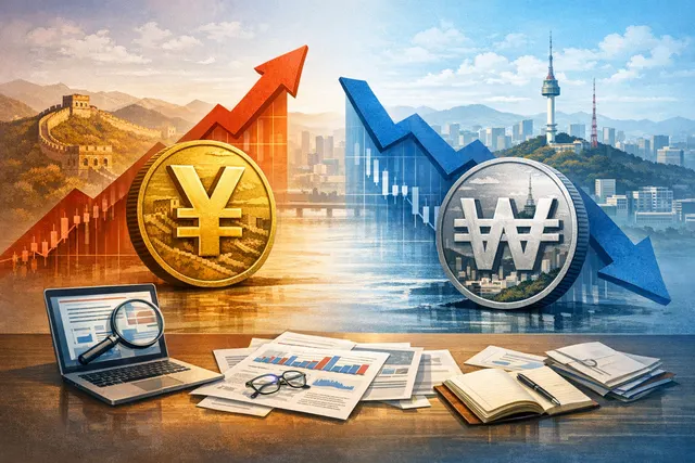 Graphic illustration of Chinese yuan and South Korean won banknotes with diverging arrows against a background of economic data charts
