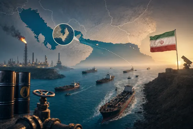 Strait of Hormuz में तेल टैंकरों और समुद्री chokepoint को दिखाती संपादकीय छवि