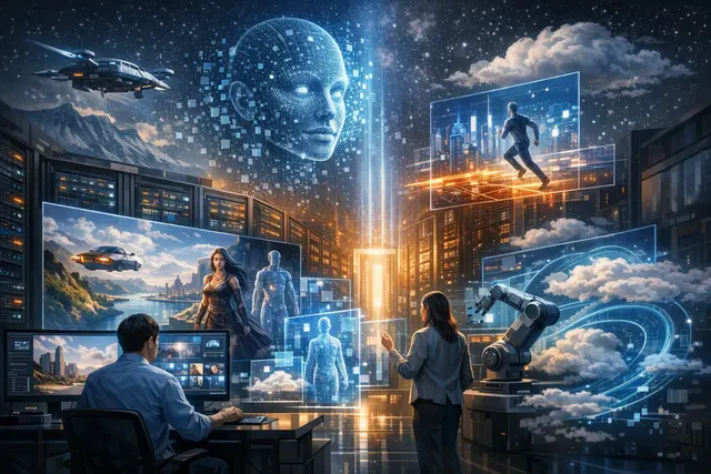 Abstract editorial illustration of Alibaba's Wan3.0 AI video model transforming documents and digital media into video