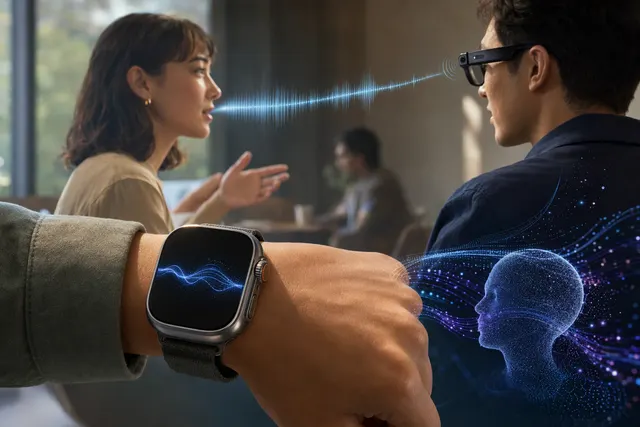 AI-generated editorial illustration about wearable devices and bystander privacy