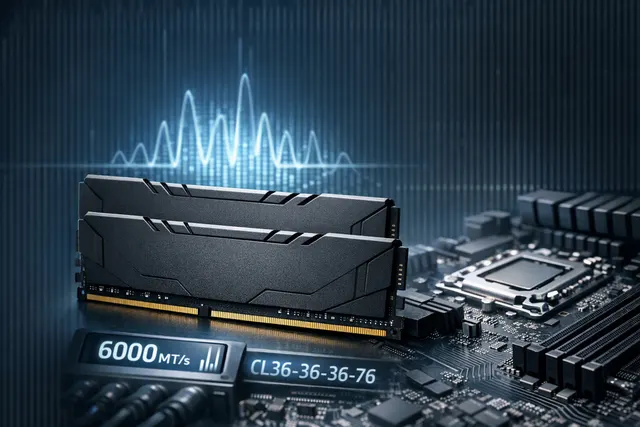 Illustration of a black G.Skill Flare X5X DDR5 memory kit beside an AMD Ryzen desktop platform