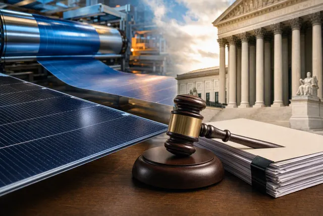 Editorial illustration of solar panels and a U.S. patent dispute